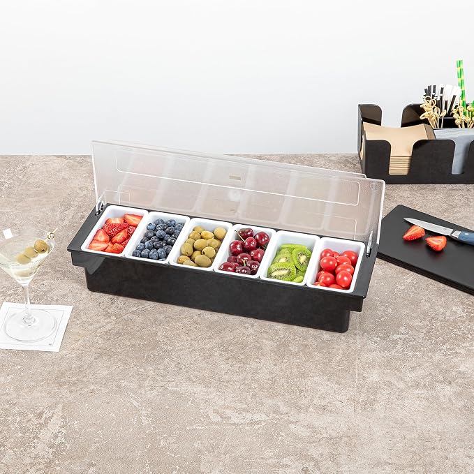 Restaurantware Bar Lux 19.6 x 6.3 x 3.7 Inch Condiment Caddy 1 Durable Bar Caddy - 6 Removable Compartments Built-In Lid Black Plastic Condiment Holder For Restaurant Store Cocktail Garnish - Image 4
