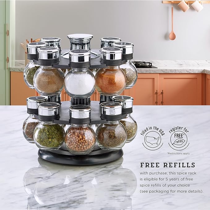 Kamenstein 16 Jar Ellington Revolving Countertop Spice Rack with Lift & Pour Caps and Spices Included, FREE Spice Refills for 5 Years: Black and Chrome - Image 6