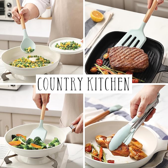 Country Kitchen Non Stick Silicone Utensil Set with Rounded Wood Handles for Cooking and Baking, 14 Piece Set, Mint - Image 4