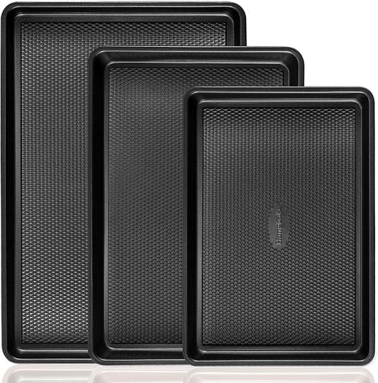 Cookie Sheets for Baking Nonstick - HONGBAKE Baking Sheet Pan Set of 3, Half/Quarter/Jelly Roll Pan for Oven with Diamond Texture Pattern, 57% Thicker Carbon Steel Cookie Trays, Dark Grey by HONGBAKE