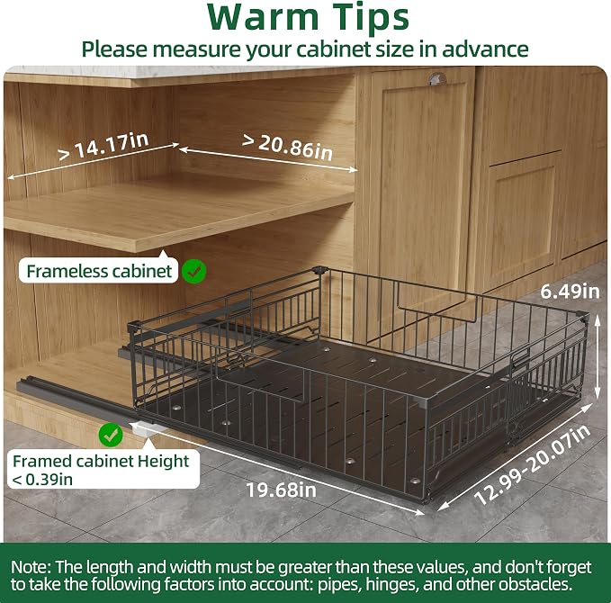 1 Pack Expandable Pull Out Cabinet Organizer, 19.7" Deep | Pull Out Drawers for Cabinets with width from 13" to 20", Cabinet Drawers Slide Out with Upgrade 3 Slide Rails, Hold 65 lbs - Image 2