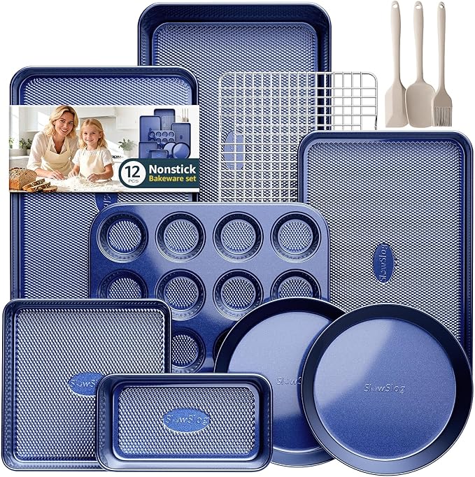12-Piece Ceramic Coated Nonstick Baking Set, Oven Safe Bakeware - Blue | Bakeware Set Including Cake Pan, Muffin Tray, Loaf Pan, Square Pan, Roaster, Cookie Sheet, Cooling Rack and Baking Utensils by SlowSLog
