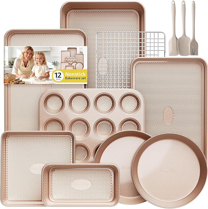 12-Piece Nonstick Bakeware Set with Baking Pan - Ceramic Coated Gold | Baking Set with Baking Pan, Cake Pan, Muffin Pan, Loaf Pan, Square Pan, Roasting Pan, Cookie Pan, Cooling Rack & Utensils by SlowSLog