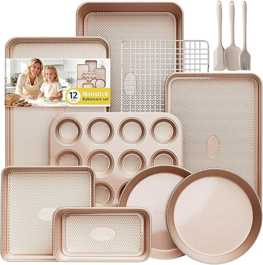12-Piece Nonstick Bakeware Set with Baking Pan - Ceramic Coated Gold | Baking Set with Baking Pan, Cake Pan, Muffin Pan, Loaf Pan, Square Pan, Roasting Pan, Cookie Pan, Cooling Rack & Utensils by SlowSLog
