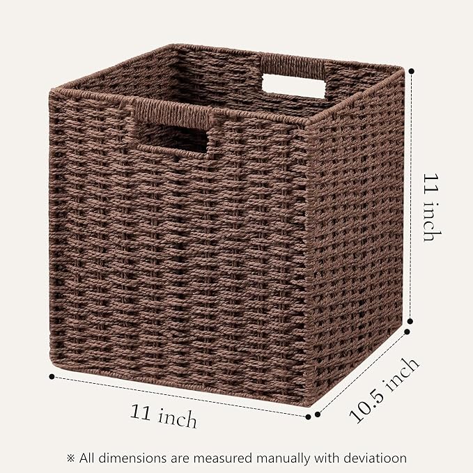 UBBCARE 2 Pack Wicker Basket, 11L×11H×10.5W inch Woven Paper Rope Storage Baskets for Shelves, Foldable Cube Storage bin with Handle, Storage Basket for Organizing & Decor, Brown - Image 2