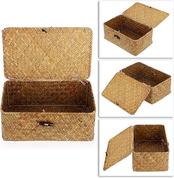 Hipiwe Small Woven Shelf Baskets Bin with Lid Seagrass Wicker Storage Box | Handmade Seagrass Basket Organizer Rectangular Household Basket Boxes for Shelf Wardrobe Home Decor, Caramel - Image 3