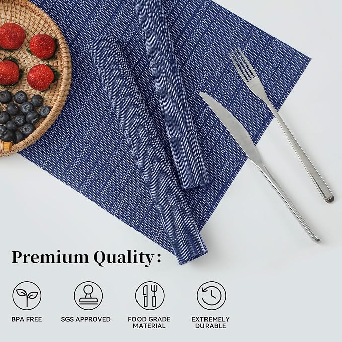 Leetaltree Blue Placemats Set of 8 - Heat Resistant Non-Slip Place mats for Dining Table, Washable Durable PVC Vinyl Woven Table Mats（Blue, 8） - Image 2