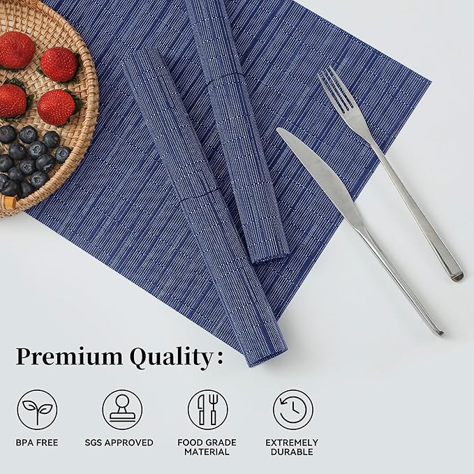 Leetaltree Blue Placemats Set of 4 - Heat Resistant Non-Slip Place mats for Dining Table, Washable Durable PVC Vinyl Woven Table Mats（Blue, 4） - Image 2