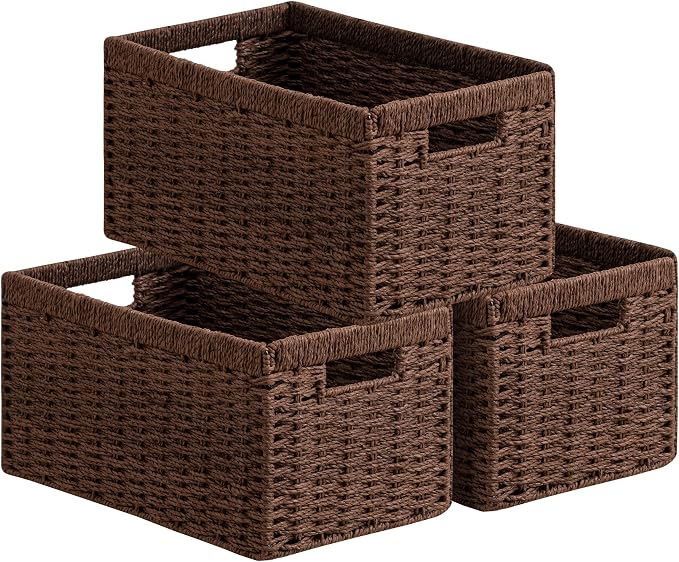 UBBCARE 3 Pack Wicker Basket, 13.4L×8.3H×7.1W inch Woven Paper Rope Storage Baskets for Shelves, Foldable Rectangular Storage Baskets with Handle, Storage Basket for Organizing, Dark Brown by UBBCARE