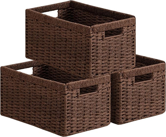 UBBCARE 3 Pack Wicker Basket, 13.4L×8.3H×7.1W inch Woven Paper Rope Storage Baskets for Shelves, Foldable Rectangular Storage Baskets with Handle, Storage Basket for Organizing, Dark Brown by UBBCARE