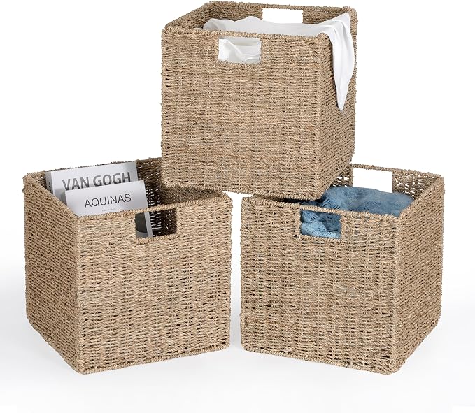 10.5 x 10.5in Seagrass Storage Baskets Set of 4, Cube Foldable Woven Storage Baskets for Shelves, Decorative Seagrass Shelf Basket - Image 8