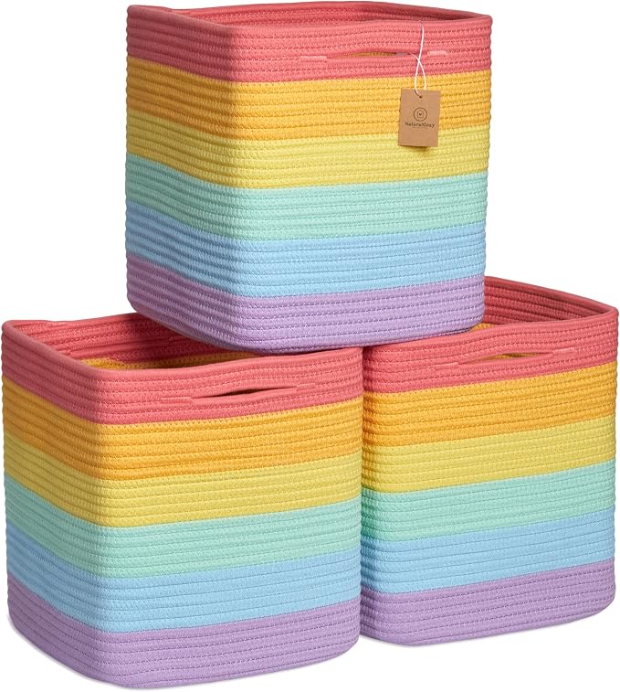 NaturalCozy Storage Cubes 11 Inch Cotton Rope Woven Baskets for Organizing, 3-Pack | Cube Storage Bin | Square Storage Baskets for Shelves Organizer, Classroom, Kids Toy Bins, Closet, Baby Nursery by NaturalCozy