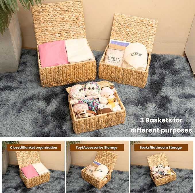 Wicker Storage Baskets with Lid, Set 3 Basket With Lid Decorative Storage Rectangle Wicker Storage Basket Large Rattan Storage Box Hyacinth Baskets - Image 3