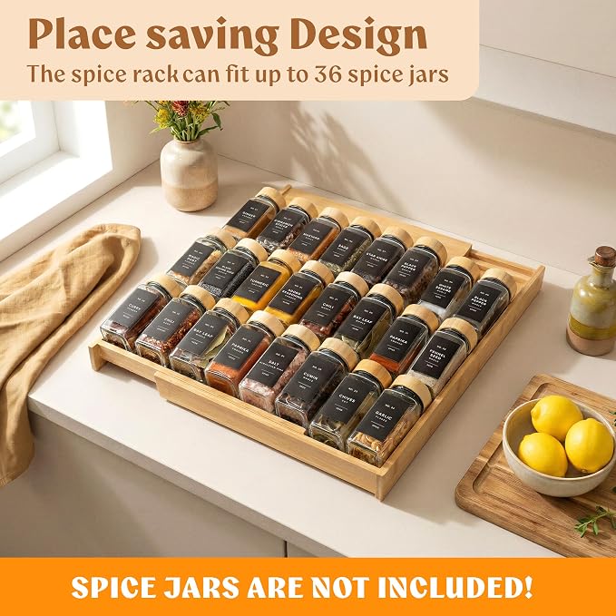 Bamboo Spice Drawer Organizer - Expandable 4 Tier Spice Rack (Need 3" Deep Drawer) 12" to 24" Wide, Seasoning Organizer, Organization Seasoning Rack insert (Jars Not Included) - Image 3