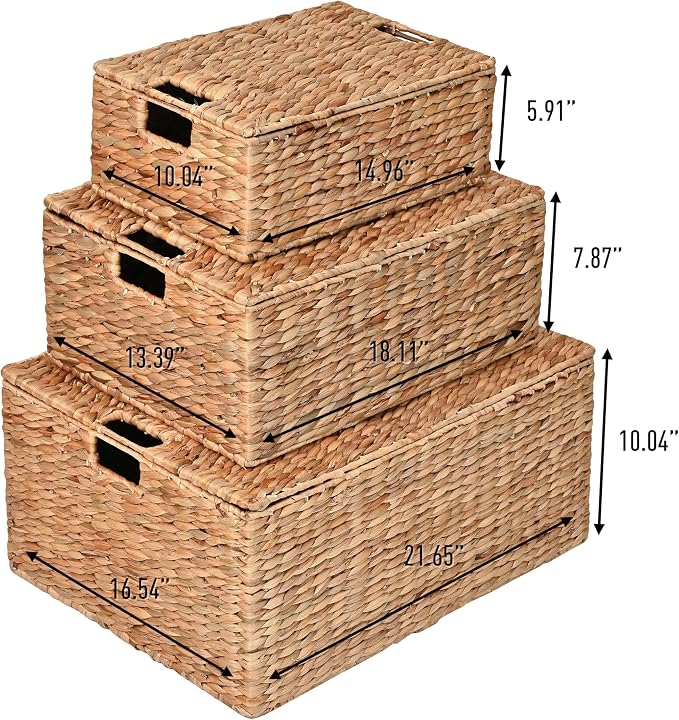 happimess Brooks 3-Piece Woven Hyacinth Storage Basket Set 22", Natural | Classic Farmhouse Style, Rectangular Nesting Wicker Containers, Integrated Handles, Hinged Lids, Iron Metal Frame - Image 2