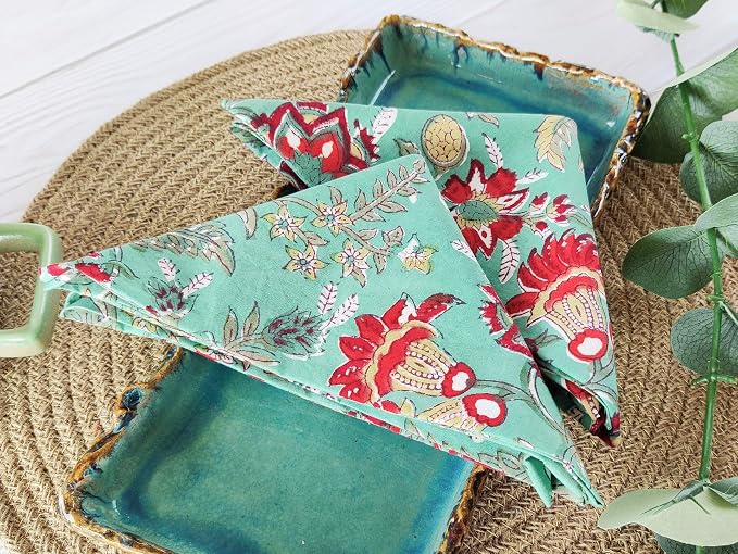 Cotton Print Dinner Napkins 18x18 inches - Washable Cloth Napkins Set of 6 - Everyday Use or Dinner Party & Events - Teal Green Indian Block Printed Soft Fabric by Craftbot - Image 3