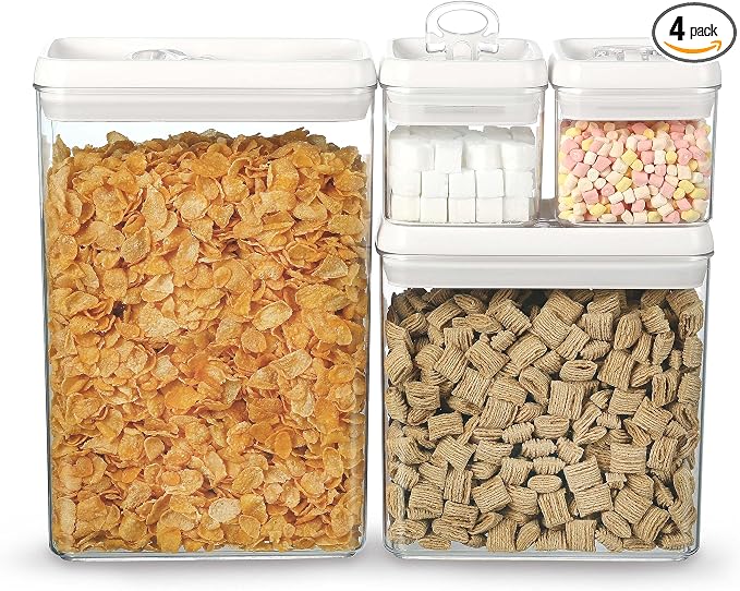 Felli Flip Tite Storage Container with Lid 4" RECTANGULAR Air Tight Ring Flip Top, Stackable Acrylic Canister for Kitchen Counter Pantry, Cereal Granola Pasta Spice, Christmas Gift (4pk, Variety) by Felli