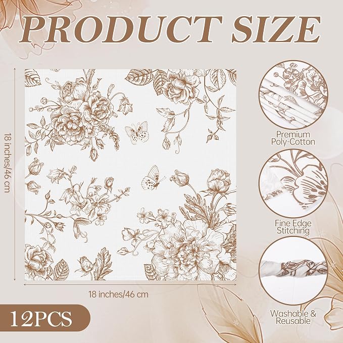 Kochorie 12 Pieces Brown Floral Cloth Napkins, 18 x 18 Inch Reusable Soft Fabric Napkins, Autumn Table Dinner Napkin for Fall Thanksgiving Tea Party Holiday Home Kitchen Wedding Restaurant - Image 2