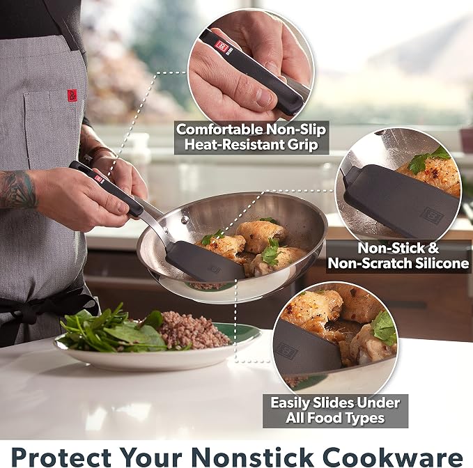 DI ORO 7-Piece Silicone Kitchen Utensil Set - 600°F Heat-Resistant Nonstick Flexible Silicone Turner & Seamless Spatulas & Spoons - Nonstick Cookware Safe Tools for Baking & Cooking - BPA Free (Black) - Image 4