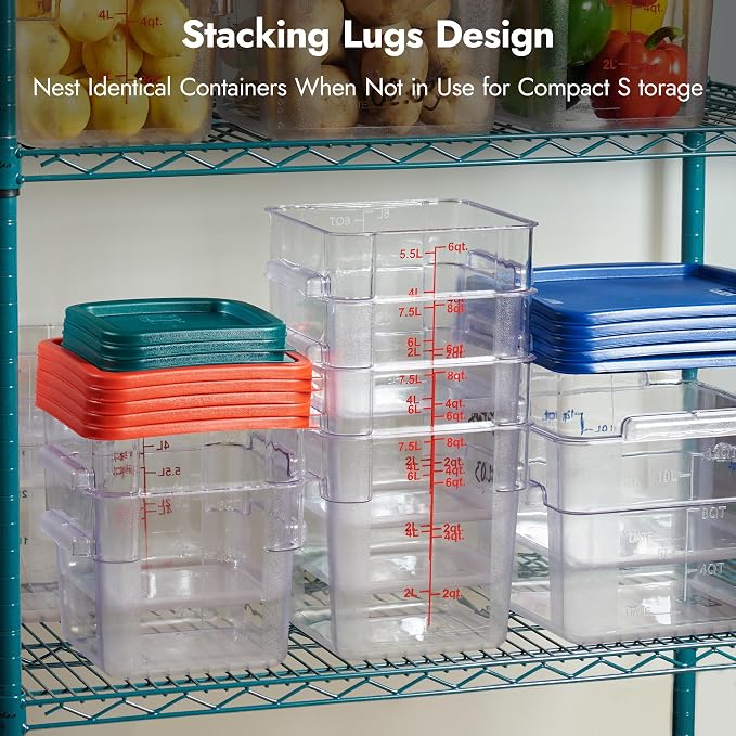 4-Pack Food Storage Containers with Green Lids - 2 Qt & 4 Qt Square Clear Polycarbonate - NSF Listed, Commercial Grade, Freezer & Dishwasher Safe, Stackable - Image 4