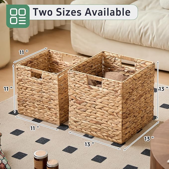 13x13x13 Wicker Storage Basket Set of 4, Water Hyacinth Woven Basket with Handles, Wicker Cube Storage Bins for Shelves, Foldable Square Storage Cubes for Living Room Bedroom Organizing, Natural - Image 6