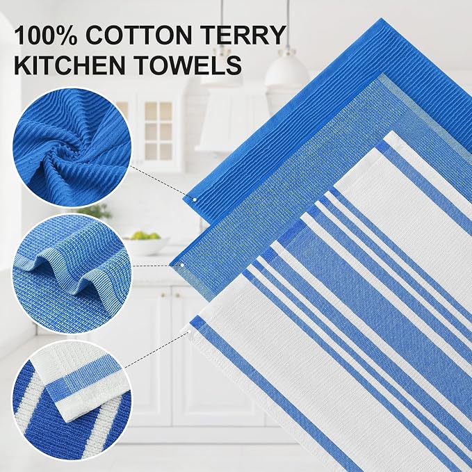 Homaxy Cotton 380 GSM Premium Kitchen Towels, 18"x 28", 3 Pack, Blueberry | Soft and Absorbent Terry Dish Towels, Multipurpose Tea Towel Set with Hanging Loop, 3 Styles Kitchen Hand Towels - Image 2