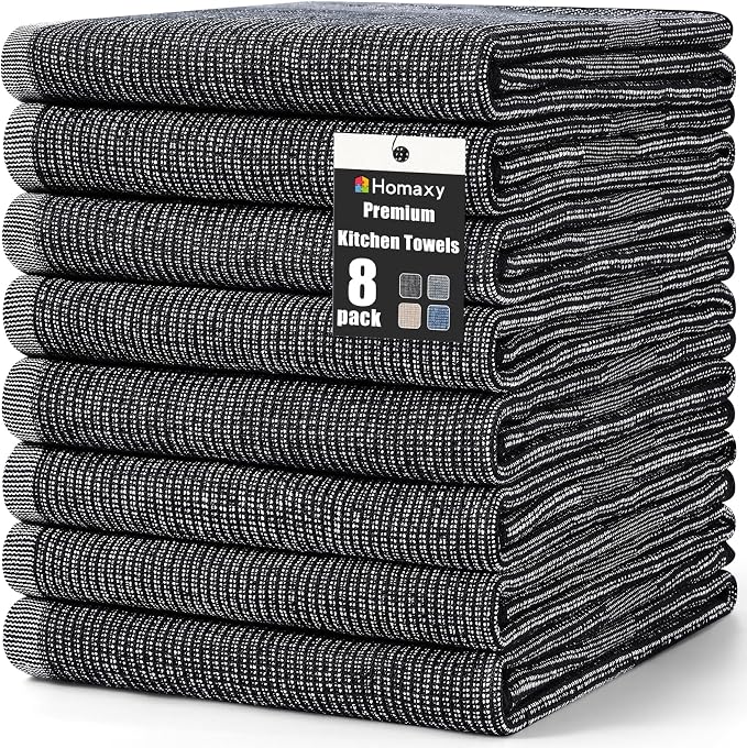 Homaxy 380 GSM Cotton Premium Kitchen Towels 8 Pack, 18"x 28", Black | Flat and Terry Dish Towels, Highly Absorbent Tea Towel Set with Hanging Loop, Soft Utility Kitchen Hand Towels by Homaxy