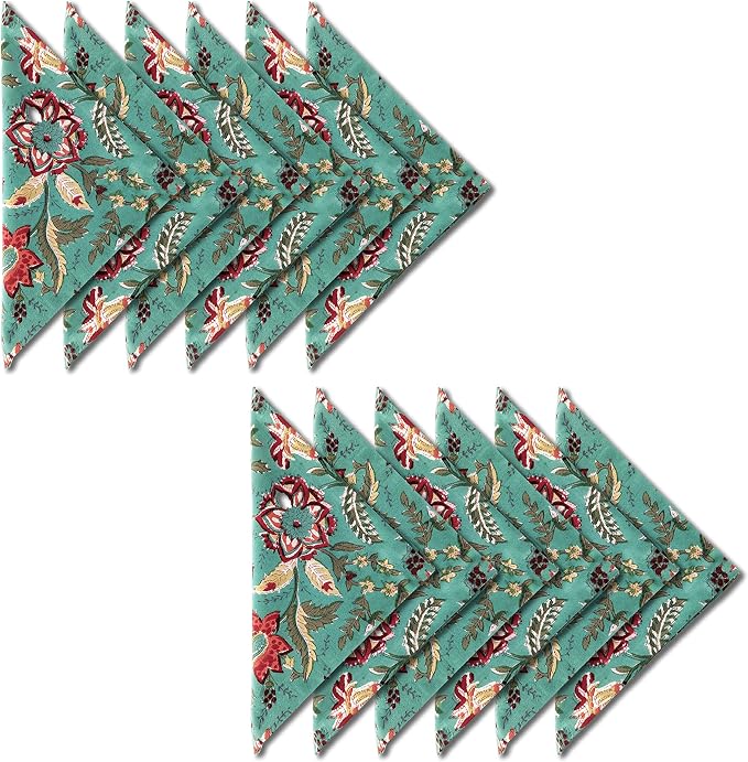 AVKA Studio Cotton Print Dinner Napkins 18x18 inches - Washable Cloth Napkins Set of 12 - Everyday Use or Dinner Party and Events - Teal Green Indian Block Printed Soft Fabric by AVKAStudio