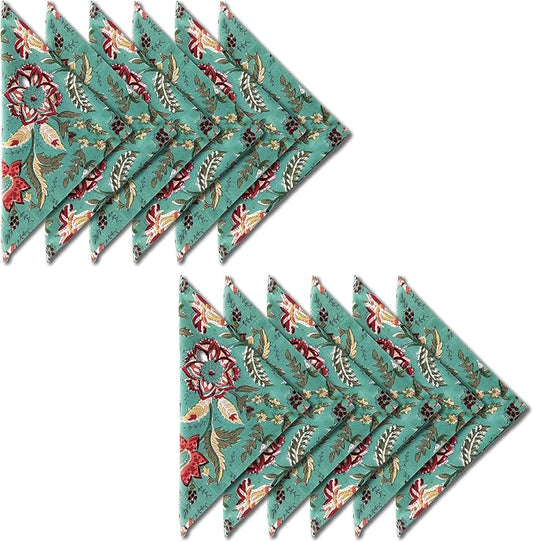 AVKA Studio Cotton Print Dinner Napkins 18x18 inches - Washable Cloth Napkins Set of 12 - Everyday Use or Dinner Party and Events - Teal Green Indian Block Printed Soft Fabric by AVKAStudio