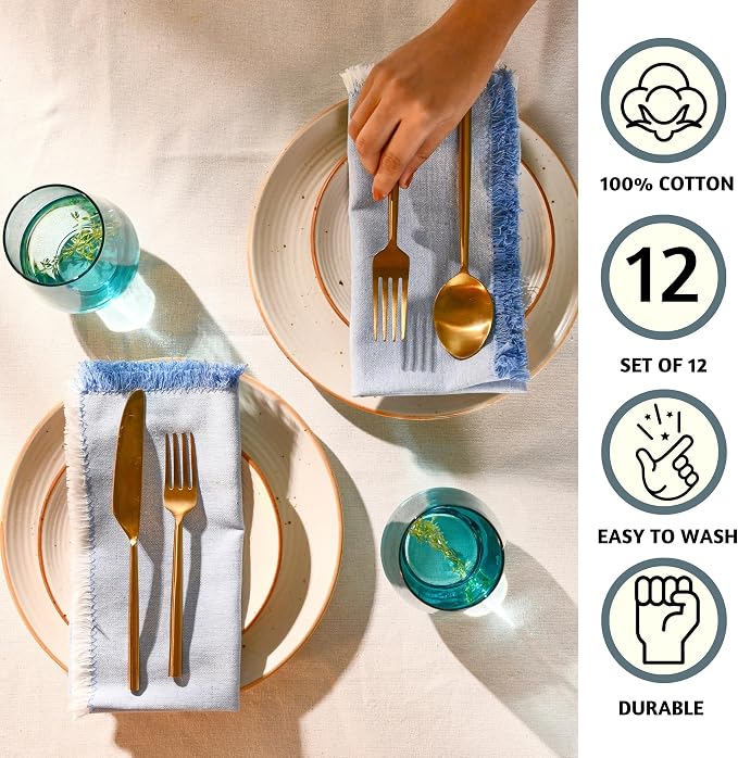 Folkulture Cloth Napkins, Set of 12, Fringe Blue (18x18 Inch) | 100% Cotton, Decorative, Machine Washable, Soft, Premium, Family Dinner Napkins for Parties,Wedding, Kitchen Decorations - Image 2