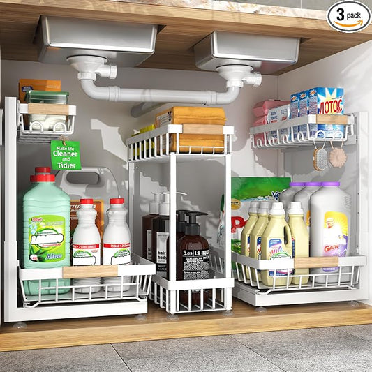 3-Pack 2-Tier Height Adjustable Under Sink Organizer, White | Multi-purpose metal storage shelf with sliding shelves for kitchen, bathroom, pantry & laundry cabinet by Sevenblue