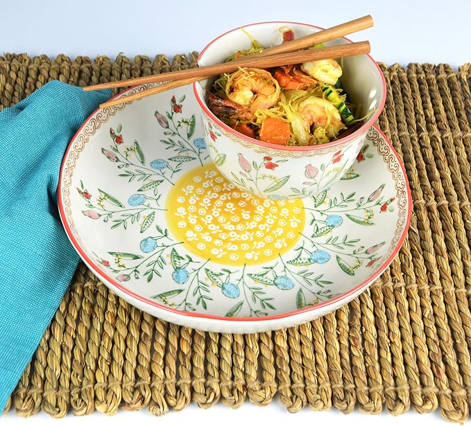 Ceramic Ramen Bowl Set | Ella Collection by Euro Ceramica | Salad Soup Ramen Bowl 2 Sizes Included with Chopsticks | Microwaveable Bowl for Ramen, Noodles, Pho, and Udon - Red Floral Design - Image 4
