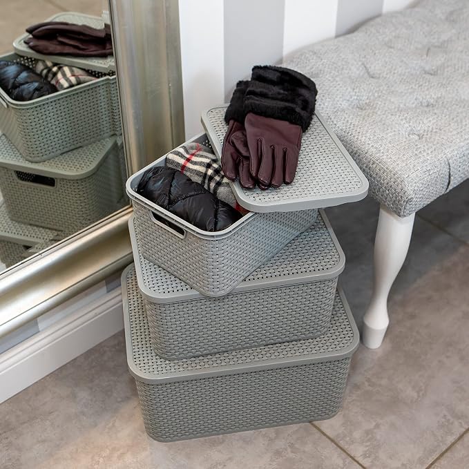 Branq - Home essential Lid Basket in Rattan Design Size M 10 L BPA- Plastic PP Light Grey 28.8 x 19.7 x 16.2 cm 2 Pieces M - Image 3