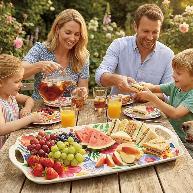 TP Large Melamine Serving Trays with Handles, 19" x 12", Set of 2, Floral | Rectangular Trays, Serving platters, Turkey and Party Serving, Lightweight, Break-resistant - Image 4