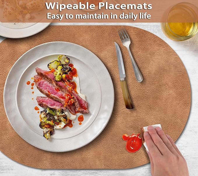 ADRIMER Placemats, Heat Resistant Oval Placemats Set of 12 Washable 12 x 17 Inch, Waterproof Table Mats, Wipeable Pu Place Mats for Kitchen, Dining Room, Sandy Light Brown - Image 4