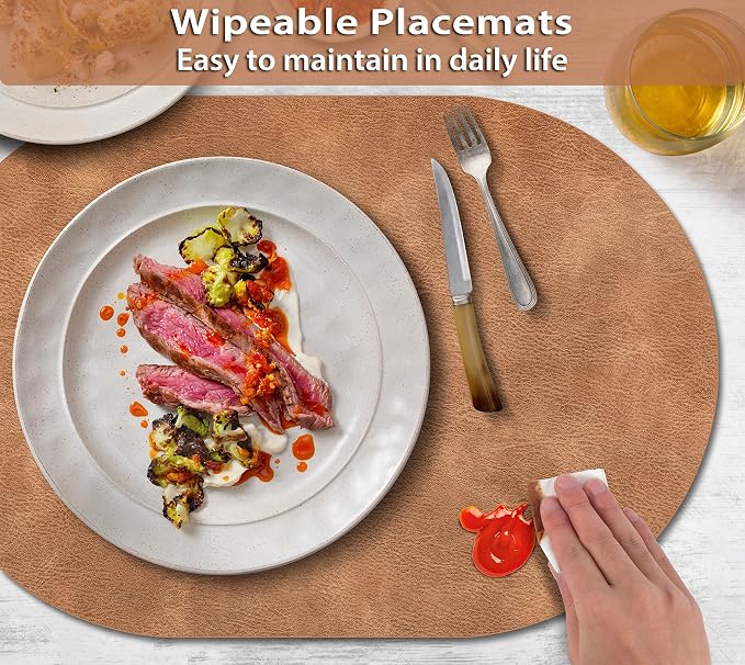 ADRIMER Placemats, Heat Resistant Oval Placemats Set of 6 Washable 12 x 17 Inch, Waterproof Table Mats, Wipeable Pu Place Mats for Kitchen, Dining Room, Sandy Light Brown - Image 3
