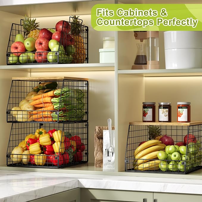 Jakyitvi 4 Pack Stackable Wire Baskets with Fixed Wooden Top, Vegetable Fruit Storage Bins for Onion Potato Snack, Pantry Baskets for Kitchen Cabinet Countertop, Pantry Organizers and Storage Rack - Image 4