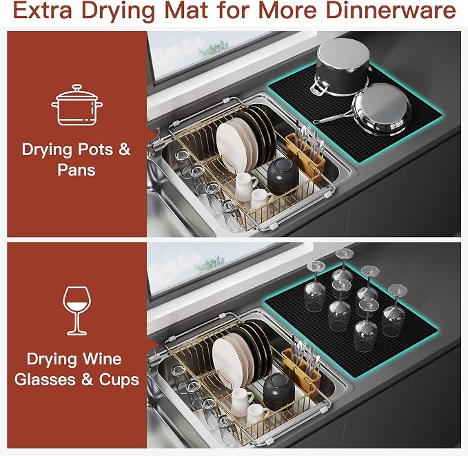 JASIWAY Gold Dish Drying Rack in Sink with Mat, Cups and Utensil Holder | Use Over the Sink or Counter, Stainless Steel Expandable Dish Drainer for Small Kitchen, Space Saving, Fast Drain, Rustproof - Image 3