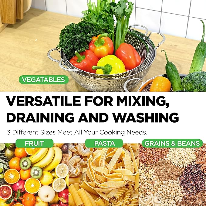 Premium 18/8 304 Stainless Steel Set of 3 – Micro-Perforated Strainers with Handles, Self-Draining Base for Pasta Vegetables Fruit, Heavy Duty (4, 6, 8 Qt) Made in Korea - Image 4