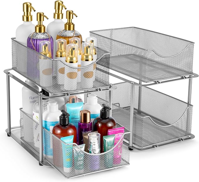 Sorbus 2 Sets of 2 Tier Metal Under Sink Organizer for Bathroom, Kitchen, Strong Steel Mesh Sliding Drawers for Under Sink, Under Cabinet, Closet, Kitchen, Pantry, Bathroom Organizers and Storage by Sorbus