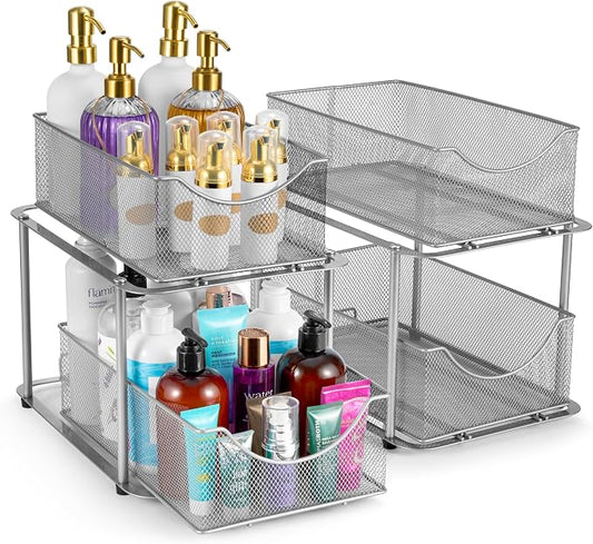Sorbus 2 Sets of 2 Tier Metal Under Sink Organizer for Bathroom, Kitchen, Strong Steel Mesh Sliding Drawers for Under Sink, Under Cabinet, Closet, Kitchen, Pantry, Bathroom Organizers and Storage by Sorbus