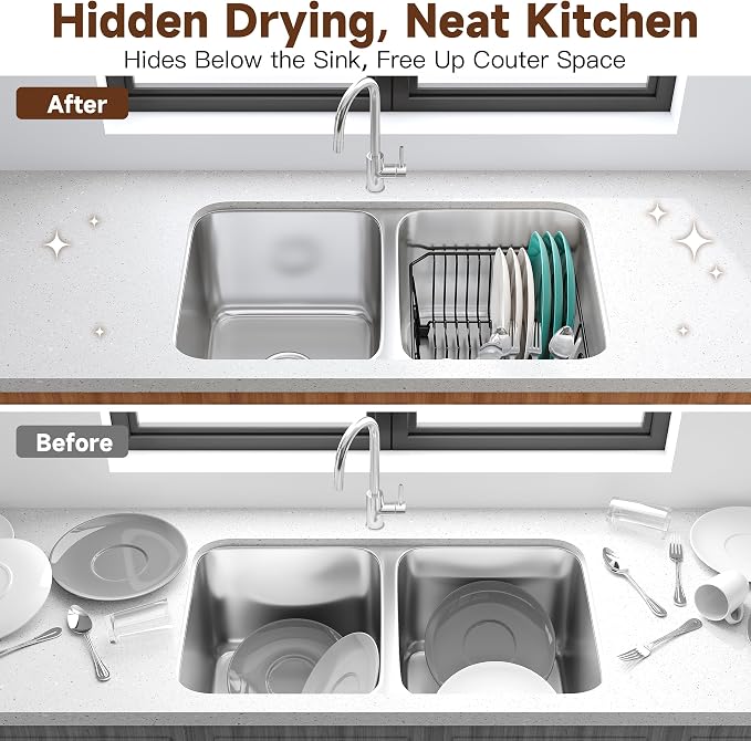 JASIWAY in Sink Dish Drying Rack, Stainless Steel Small Black Dish Drainer | Perfect Fit 12"x14" Double Bowl Sink, Counter Space Saving for Kitchen, Apartment, Sturdy Dish Dryer with Utensil Holder - Image 3