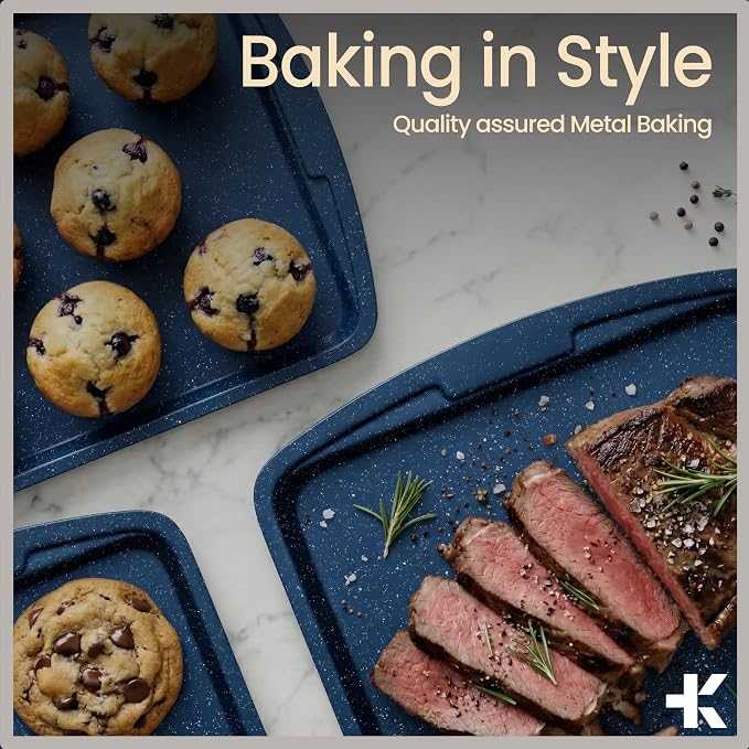 BAKKEN Kitchen Baking Pan Set - Nonstick Blue Marble Coating, Commercial Grade Carbon Steel Bakeware Sets, Baking Kitchen Essentials, PFOA, PFOS, PTFE Free, Oven Safe Tray (Up To 450° F), Set of 6 - Image 8