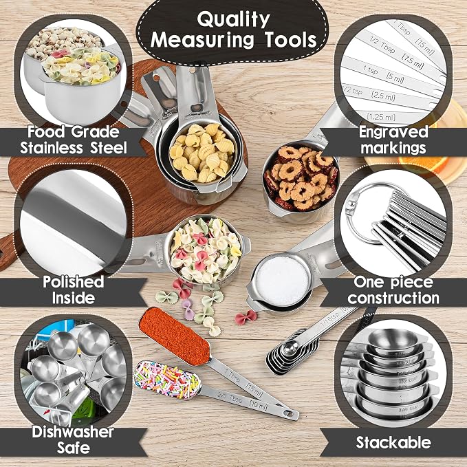 Stainless Steel Measuring Cups and Spoons Set, 18/8 (304) Measuring Cups Spoons, Heavy Duty 7 Measuring cups and 9 Measuring Spoons 1 Leveler for Baking and Kitchen - Image 4