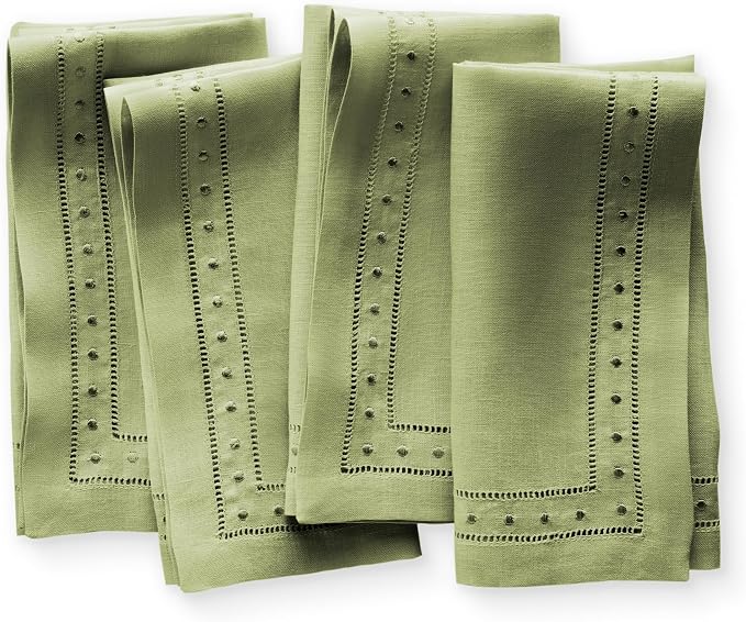 Linen Napkins 18 x 18 inch - 100% Flax Linen Olive Green Dinner Napkins with Embroidered Dot 18 x 18 inch - Hemstitch Cloth Napkins Washable for Summer and Wedding Decor by OlucioAuthentiqueHome