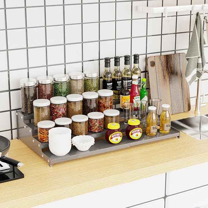 Jojocross Expandable 4-Tier Step Spice Rack Organizer for Kitchen Cabinet Modern Design and Non Skid Space Saving Storage Shelf for Countertop Cabinets Pantry(2Packs/Gun-Grey) - Image 2