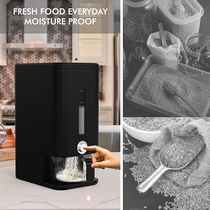 25lb Rice Dispenser - Air Tight Grain & Rice Container With Smart Quantity Dispense, Measuring Cup - NEW Black Design Grain Storage Container. - Image 6