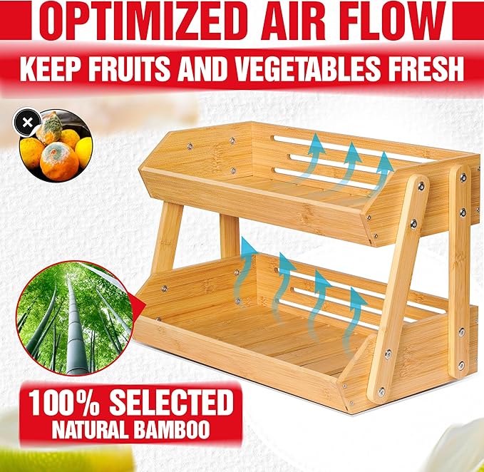 16.5" Fruit Stand Storage Holder 4 Sturdier Legs, 2-Tier Fruit Basket Bowl | Premium Produce Basket for Kitchen, Bamboo Fruit Bowl Holder for Fruit, Vegetables, Bread, Snacks, Countertop Organizer - Image 5