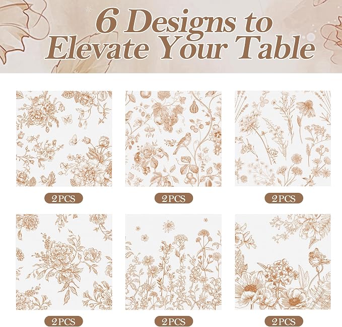 Kochorie 12 Pieces Brown Floral Cloth Napkins, 18 x 18 Inch Reusable Soft Fabric Napkins, Autumn Table Dinner Napkin for Fall Thanksgiving Tea Party Holiday Home Kitchen Wedding Restaurant - Image 3