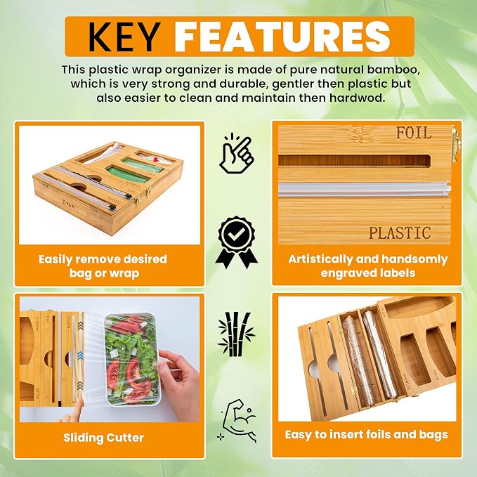 T3-R Bamboo Wrap Organizer - 6-in-1 Dispenser with Cutter for Sandwich Bags, Aluminum Foil, Wax Paper and Plastic Wrap - Image 3